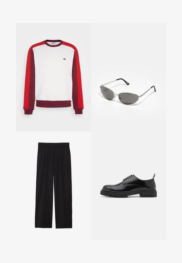 Lacoste - Bluza; Czarne spodnie w stylu szerokich nogawek z plisowanym przodem, bocznymi kieszeniami i gładką teksturą materiału. Zaprojektowane w luźnym kroju.; Czarne skórzane buty sznurowane z okrągłym noskiem, gładką teksturą i żłobioną gumową podeszwą. Posiadają mały obcas i pętlę z tyłu.; Okulary przeciwsłoneczne z elegancką, srebrną metalową ramą, szarymi soczewkami i aerodynamicznym kształtem z wyraźnymi krawędziami oraz cienkimi zausznikami.
