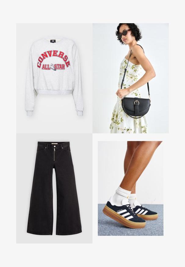 Grå cropped sweatshirt med lange ermer som har rød brodert tekst "CONVERSE ALL STAR" og et grafisk bilde av en sneakers på forsiden.; Vide benbukser i sort denim med glidelås i front, fem-lomme design og subtile sømdetaljer. Glatt tekstur og avslappet stil.; Svarte sneakers i semsket skinn med hvite striper og detaljer, rund tå, yttersåle i gummigummi, kombinert med hvite ribbestrikkede crew-sokker.; Svart lærveske med en buet form, avtagbar stropp og gullbeslag. Vesken har et klaff med spenne-detall.
