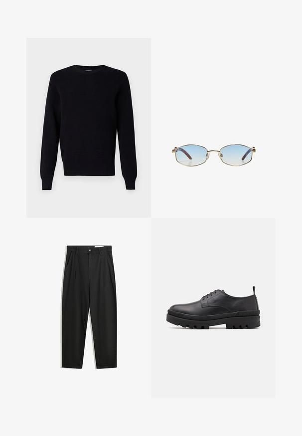 Der schwarze Strickpullover zeichnet sich durch ein strukturiertes Muster, einen runden Ausschnitt sowie gerippte Bündchen und Saum aus. Hergestellt aus weichem Stoff für hohen Tragekomfort.; Schwarze Baumwollhose mit lockerem Schnitt, ausgestattet mit einem klassischen Bund, vorderen Falten und Seiten taschen. Glatte Textur ohne Muster.; Schwarzer Lederschuh mit abgerundetem Fuß, Schnürdesign und massiver Gummisohle. Verfügt über eine Zuglasche an der Ferse und strukturierte Akzente.; Eingefasste ovale Sonnenbrillen mit hellblauen, verlaufenden Linsen, goldfarbenem Metallrahmen und braunen Acetat-Bügeln. Besitzt kleine Details an den Seiten des Rahmens.