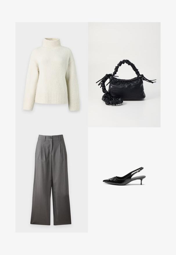 Krém színű kötött pulóver, magas állú gallérral, ejtett vállakkal, valamint bordázott mandzsettákkal és alsó résszel. Puha, texturált anyaga melegséget biztosít.; Széles lábú nadrág sötétszürke anyagból, gombos zárással, elülső pliszírozással és sima textúrával. Nincs látható minta vagy díszítés.; Fekete bőrből készült slingback magassarkú cipők hegyes orral, kis francia sarokkal és díszes csomóval az elején. Az egész felületen sima textúra.; Fekete műbőr kézi táska krokodil bőr textúrával, összehúzható tetejű és gyűrt pánttal. Lágy és kompakt dizájnúnak tűnik.
