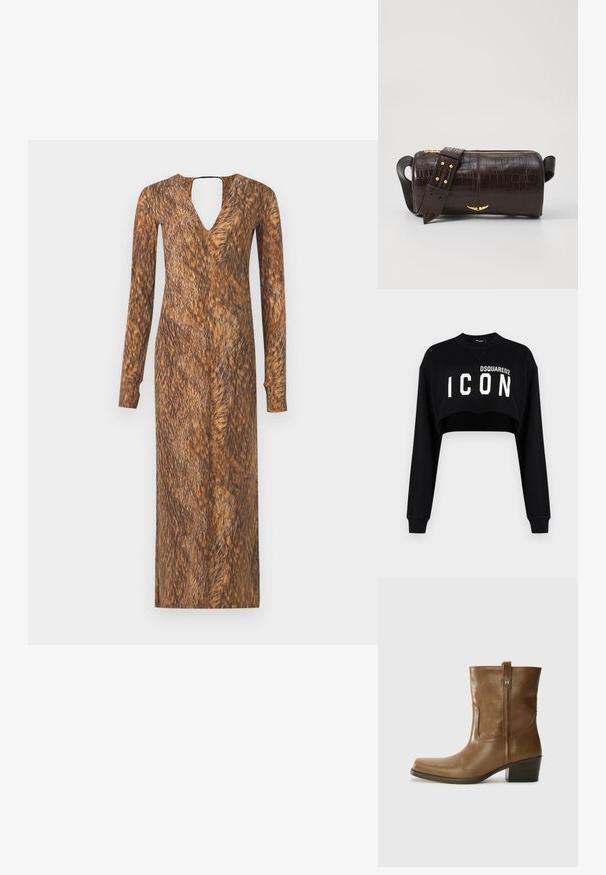 Sort cropped sweatshirt med lange ærmer, der har "DSQUARED2 ICON" i fed hvide bogstaver over forsiden. Blødt stof, rund halsudskæring.; Langærmet kjole med V-udskæring og nøglehulryg, med en pelslignende brun tekstur og mønster i hele stoffet.; Brun læder ankelstøvle med firkantet tå, tekstureret overflade og en lav stablet hæl. Har en bageste hælflap og subtile syningsdetaljer.; Brun krokodilleder taske med cylindrisk form, hardware i guld-tone, og en aftagelig rem med nitter.