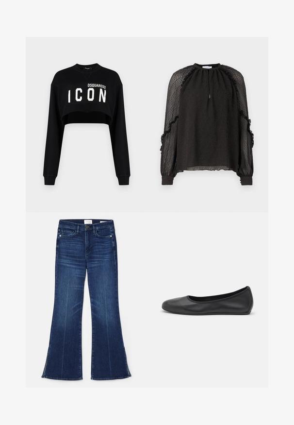 Black cropped sweatshirt with long sleeves, featuring "DSQUARED2 ICON" in bold white lettering across the front. Soft fabric, crew neckline.; Hofmann Copenhagen XENIA - Blouse - black; Dark blue flared jeans made from denim. Features a high waist, front pockets, and slit details at the hem.  Classic five-pocket design.; Black leather ballet flat with a rounded toe, smooth texture, minimal stitching detail, and a flexible sole design.