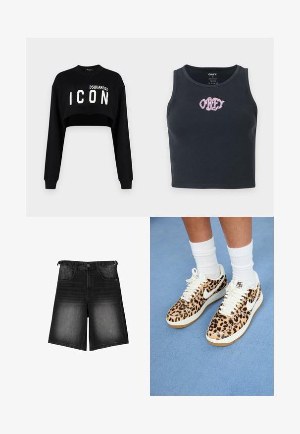 Schwarzes, kurz geschnittenes Sweatshirt mit langen Ärmeln, das auf der Vorderseite in fetter, weißer Schrift "DSQUARED2 ICON" trägt. Weicher Stoff, Rundhalsausschnitt.; Schwarzes, geripptes Crop-Top aus Baumwolle mit Rundhalsausschnitt und einem pinkfarbenen, gestickten "OBEY"-Logo über der Brust.; Schwarze Denim-Shorts mit ausgebleichtem Finish, fünf Taschen, einem Knopfverschluss und Gürtelschlaufen. Der Stoff hat eine glatte Textur.; Nike Air Force 1 Sneakers im Leopardenmuster mit weißen Schnürsenkeln und Swoosh, ausgestattet mit einer beige Gummisohle und einer strukturierten Oberseite. Weiße Crew-Socken sichtbar.