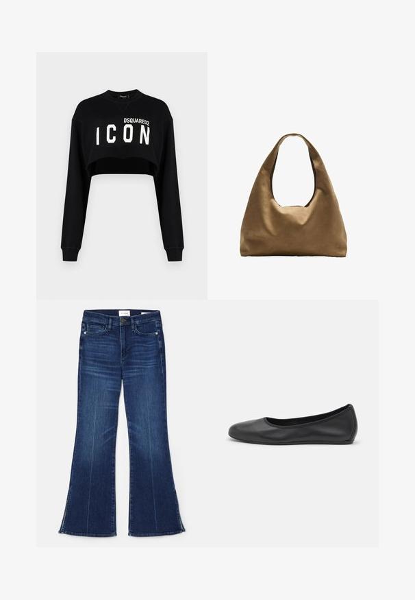 Felpa nera corta con maniche lunghe, caratterizzata dalla scritta "DSQUARED2 ICON" in grande lettere bianche sulla parte anteriore. Tessuto morbido, scollatura a girocollo.; Jeans a zampa d'elefante blu scuro in denim. Caratterizzati da una vita alta, tasche anteriori e dettagli con spacco all'orlo. Design classico a cinque tasche.; Pantofole da balletto nere in pelle con punta arrotondata, texture liscia, dettagli di cucitura minimi e design con suola flessibile.; Borsa a spalla in tessuto marrone con un corpo ampio e arrotondato e una grande maniglia a taglio. Texture morbida, design minimalista e senza hardware visibile.