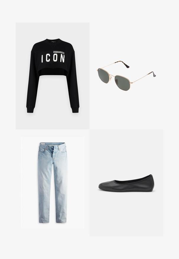 Zwarte cropped sweatshirt met lange mouwen, met "DSQUARED2 ICON" in vette witte letters op de voorkant. Zachte stof, ronde hals.; Lichtblauwe denim jeans met een rechte pijp, twee voorzakken en twee achterzakken. Inclusief een dubbele knoopsluiting en subtiele stiksels.; Zwarte leren ballerina met een ronde neus, gladde textuur, minimale stikdetails en een flexibele zoolontwerp.; Gouden metalen zonnebril met donkergroene lenzen, aviator-stijl, met slanke scharnieren en schildpad-accenten op de uiteinden.