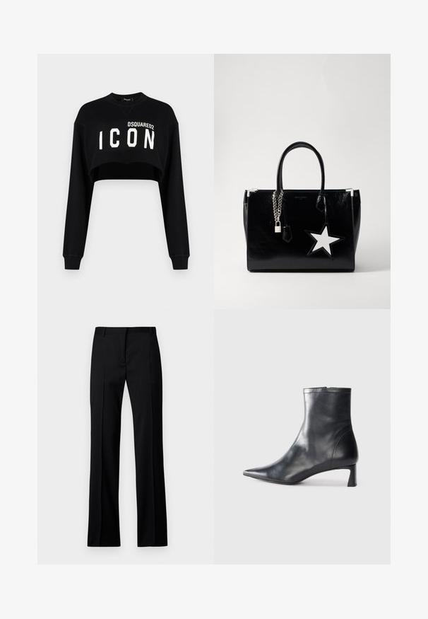 Black cropped sweatshirt with long sleeves, featuring "DSQUARED2 ICON" in bold white lettering across the front. Soft fabric, crew neckline.; Black straight-leg trousers in smooth fabric, featuring a flat front, belt loops, and no visible pockets or embellishments.; Black leather ankle boot with a pointed toe and a sleek design. Features a low heel and a zipper closure at the back. Smooth texture.; Black patent leather handbag with a sleek shape. Features silver chain hardware, a lock, and a white star accent on the side.