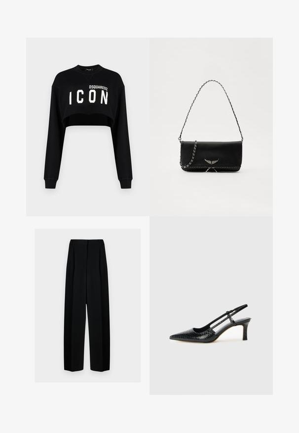 Crni skraćeni dukserica dugih rukava, sa natpisom "DSQUARED2 ICON" u debelom bijelom slovu preko prednje strane. Mekana tkanina, okrugli izrez.; Crne široke hlače s visokim strukom, s naborima i glatkom teksturom. Tkanina izgleda lagano i elegantno pada.; Crne lakirane slingback pete s oštrim vrhom, s teksturiranim uzorkom zmijske kože, podesivom remenom i kratkom, teksturiranom blok-petom.; Crna kožna torba s srebrnim lanac strapom, s dekorativnim krilnim naglascima i bijelim šavovima duž donjeg šava.