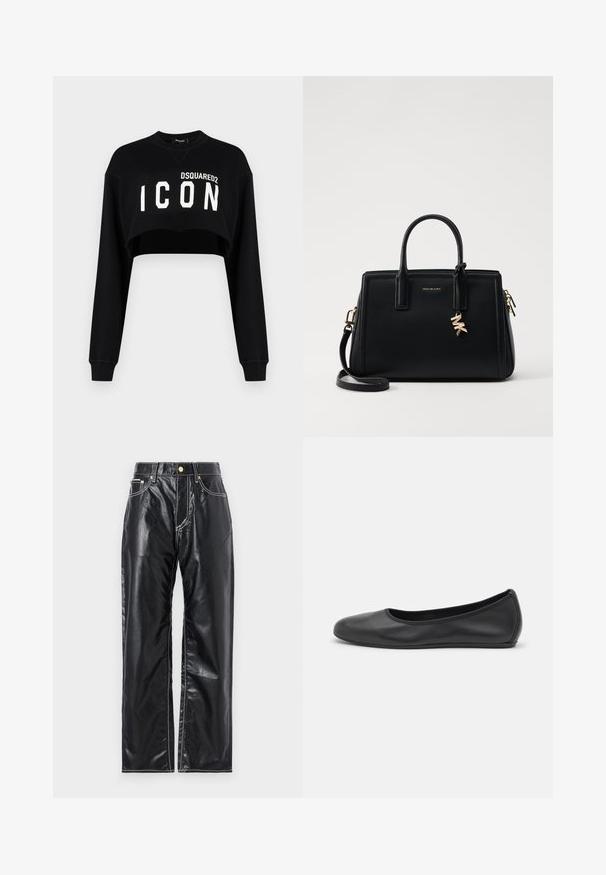 Zwarte cropped sweatshirt met lange mouwen, met "DSQUARED2 ICON" in vette witte letters op de voorkant. Zachte stof, ronde hals.; Zwarte neplederen broek met een wijduitlopende snit, voorzien van witte stiksels, voorzakken en een gouden knoop in de taille.; Zwarte leren ballerina met een ronde neus, gladde textuur, minimale stikdetails en een flexibele zoolontwerp.; Zwarte leren handtas met gestructureerd ontwerp, dubbele handvatten aan de bovenkant, afneembare schouderband, gouden hardware en een logo charm accent.