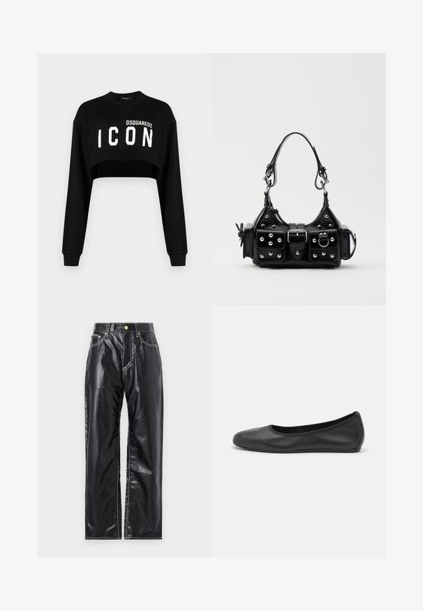 Zwarte cropped sweatshirt met lange mouwen, met "DSQUARED2 ICON" in vette witte letters op de voorkant. Zachte stof, ronde hals.; Zwarte neplederen broek met een wijduitlopende snit, voorzien van witte stiksels, voorzakken en een gouden knoop in de taille.; Zwarte leren ballerina met een ronde neus, gladde textuur, minimale stikdetails en een flexibele zoolontwerp.; Zwarte lederen handtas met een gebogen ontwerp, voorzien van zilveren studs, een gesp en twee zijvakken. Verstelbare schouderband voor verschillende draagmogelijkheden.