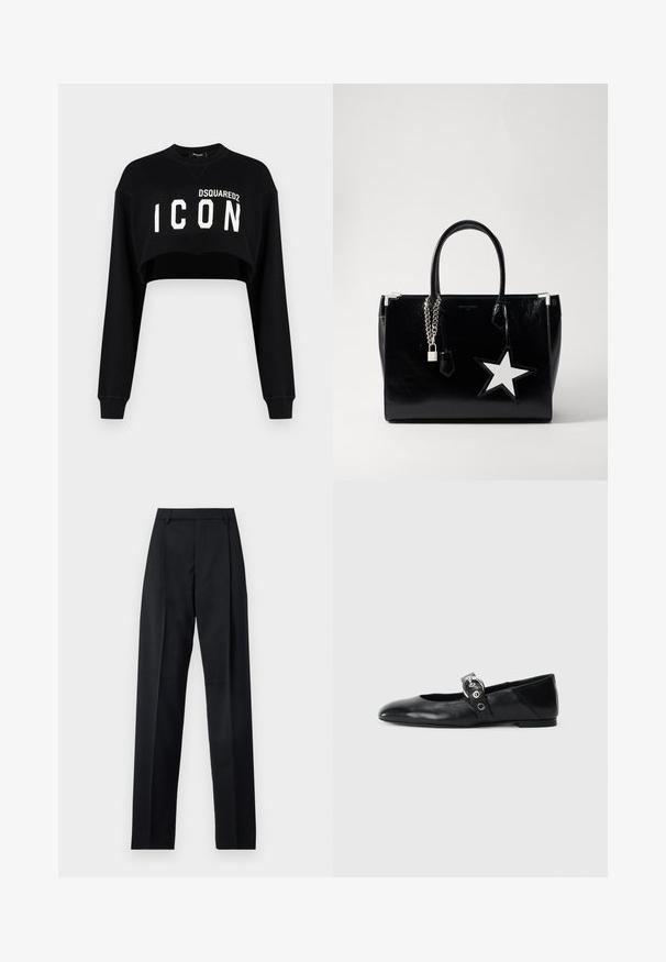 Zwarte cropped sweatshirt met lange mouwen, met "DSQUARED2 ICON" in vette witte letters op de voorkant. Zachte stof, ronde hals.; Zwarte broek gemaakt van gladde stof met een hoge taille, wijde benen, voorplooien en klassieke ceintuurlussen. Geen zijzakken zichtbaar.; Zwarte leren balletschoenen met een spitse neus, voorzien van een band met een ronde metalen gesp en een platte zool.; Zwarte lakleren handtas met een slanke vorm. Voorzien van zilveren kettinghardware, een slot en een witte steraccent aan de zijkant.