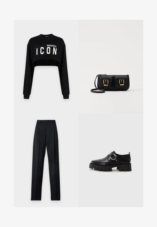 Felpa nera corta con maniche lunghe, caratterizzata dalla scritta "DSQUARED2 ICON" in grande lettere bianche sulla parte anteriore. Tessuto morbido, scollatura a girocollo.; Pantaloni neri realizzati in tessuto morbido, caratterizzati da vita alta, gambe larghe, pince frontali e classiche passanti per cintura. Non ci sono tasche laterali visibili.; Scarpe in pelle nera con suola spessa e rigata, dotate di un accento in metallo argentato a forma circolare e dettagli di cucitura minimal.; Borsa a tracolla nera in pelle con due tasche frontali, fibbie dorate, chiusura con zip e una tracolla sottile. Superficie texturizzata e forma rettangolare compatta.