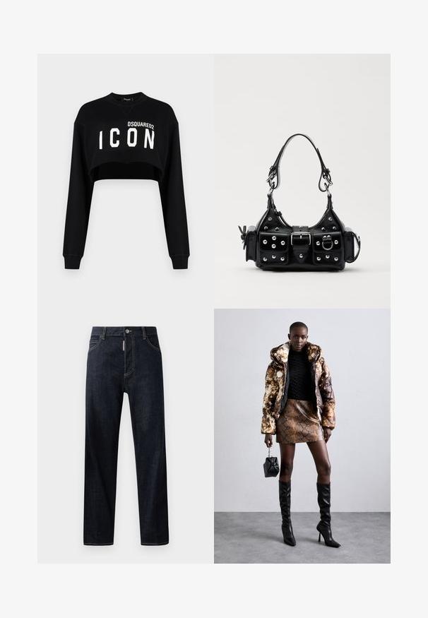 Mustat lyhyet hihat, joissa on pitkät hihat, ja etupuolella rohkealla valkoisella tekstillä "DSQUARED2 ICON". Pehmeä kangas, pyöreä pääntie.; Tummansiniset farkut suoran leikkauksen omaavina, joissa on nappikiinnitys, vyölenkit ja vaaleat kontrastitikkaukset. Ilman koristeita tai kuoseja.; Puffer-takki ruskealla ja mustalla kuviolla, yhdistettynä ruskeaan käärmeennahkakuosiseksi mini-hameeseen, mustiin polvimittaisiin saappaisiin ja pieneen mustaan laukkuun.; Musta nahkainen käsilaukku, jossa on kaareva muotoilu, hopeiset niitit, solki ja kaksi sivutaskua. Säädettävä olkahihna erilaisiin kantovaihtoehtoihin.