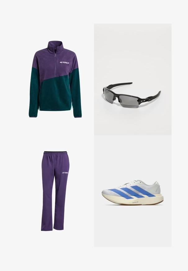 Lilla og mørkegrøn lynlås fleece-pullover med høj krave og et lille hvidt logo på brystet. Blød tekstur, sporty design.; Lilla træningsbukser med sort elastisk talje, lige ben design og et hvidt "TERREX" logo på venstre side. Glat tekstur.; Hvid atletisk sko med blå striber, struktureret overdel, flad sål og "LIGHTSTRIKE PRO" branding på siden. Lavprofil design.; Sorte sports solbriller med grå linser, en buet rammedesign og logodetalje på siden. Fremstillet af letvægts plastmateriale.