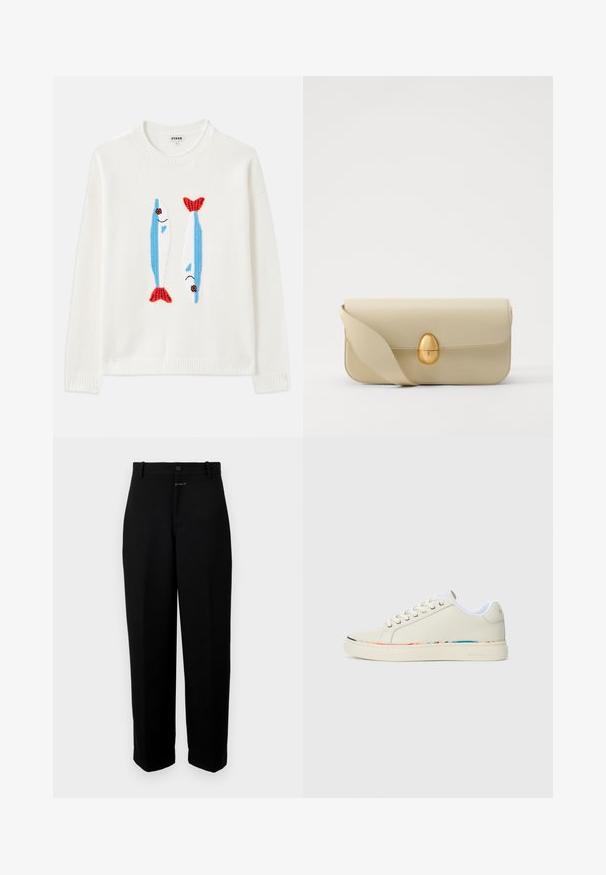 Bijela majica s rebrastim ovratnikom i manžetama ima dva izvezena ribica u plavoj i crvenoj boji s crnim očima i nasmiješenim ustima.; Crne hlače od glatkog materijala, s kopčanjem na gumb, petljama za remen i dizajnom ravnog kroja.; Off-white niske tenisice s vezanjem, bijela unutrašnjost i suptilni višeboji rub duž ivice đona, bočni pogled.; Bež kožni ručni torbicu s glatkom teksturom, pravokutnim oblikom i zlatnim ovalnim kopčanjem. Ima dugu, podesivu naramenicu.