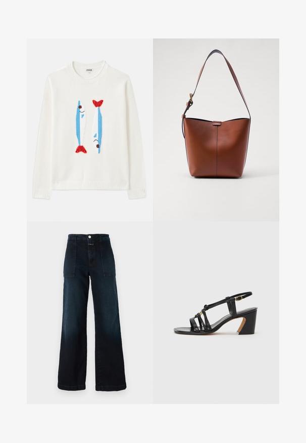 White sweater with ribbed collar and cuffs features two embroidered fish in blue and red with black eyes and smiling mouths.; Dark blue wide-leg jeans made of denim, featuring a high waist, front pockets, and a front button closure. Smooth texture with a slight fade.; Paul Smith AMIRA - Classic heels - black; Brown leather shoulder bag with a curved shape, smooth texture, and a single thin strap. Features a subtle seam and a small logo detail.