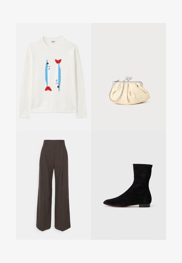 Maglione bianco con colletto e polsini a costine presenta due pesci ricamati in blu e rosso con occhi neri e bocche sorridenti.; Pantaloni ampi marrone scuro con vita alta, caratterizzati da pieghe ben stirate, una texture liscia e una vestibilità su misura.; Stivale alla caviglia in suede nero con gambale aderente, punta affusolata e tacco a blocco basso. Texture liscia e design minimalista, adatto per uno stile versatile.; Clutch in pelle beige plissettata con una struttura in metallo argento, dotata di due chiusure decorative rotonde e una tracolla in catena argentata.