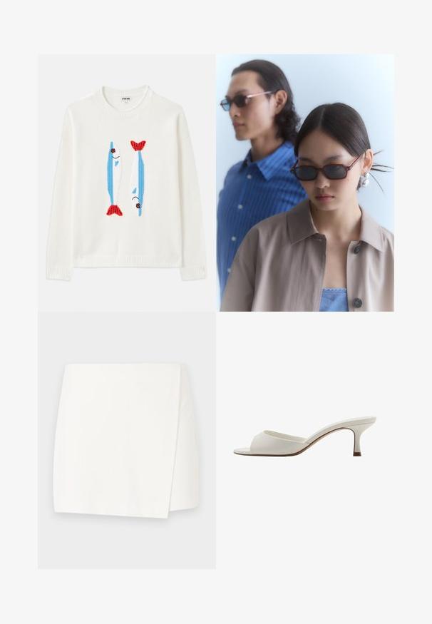 Bela pulover s rebrastim ovratnikom in manšetami ima dva vezenina rib v modri in rdeči barvi, z črnimi očmi in nasmejanimi usti.; Bela zavita krila z gladko teksturo in preprostim dizajnom z naklonom roba. Brez vidnih vzorcev ali strojnih podrobnosti.; Bele odprte visoke petke z gladko površino, minimalističnim oblikovanjem in vitko peto, ki ima subtilen rjav odtenek na podplatu.; Rjave pravokotne sončne naočnike z temnimi lečami. Ena oseba nosi bež jakno s kragnico, druga pa ima na sebi modro črtasto srajco.