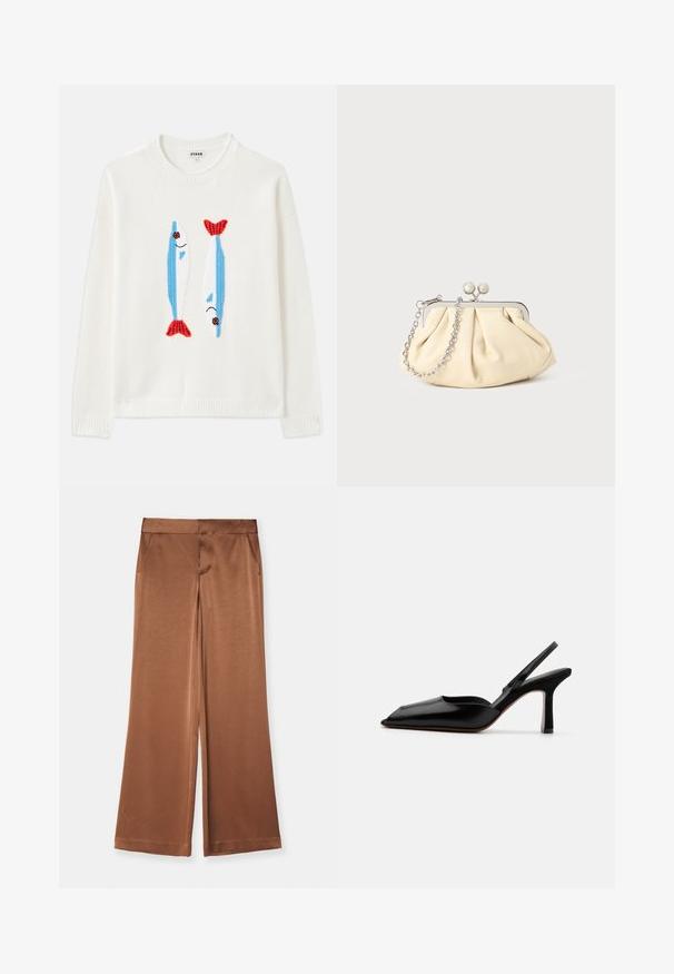 Baltas megztinis su raukšlėtu apykaklė ir rankogaliais, ant kurio siuvinėti du žuvys mėlynos ir raudonos spalvos, su juodomis akimis ir besišypsančiomis burnomis.; Rudos platūs kelnės, pagamintos iš satino, su šoninėmis kišenėmis, lygia tekstūra ir pritaikyta liemens juosta, užtikrinančia struktūrizuotą prigludimą.; Juodas odinis slingback kulnas su smailiu nosiu, minimalizmo stilius, plonas kulkšnies dirželis ir elegantiškas stiletto kulnas. Lygus paviršius.; Plyšiniai smėlio spalvos odiniai rankinukai su sidabriniu metaliniu rėmu, turintys du apvalius dekoratyvinius užtrauktukus ir sidabrinę grandinėlę.