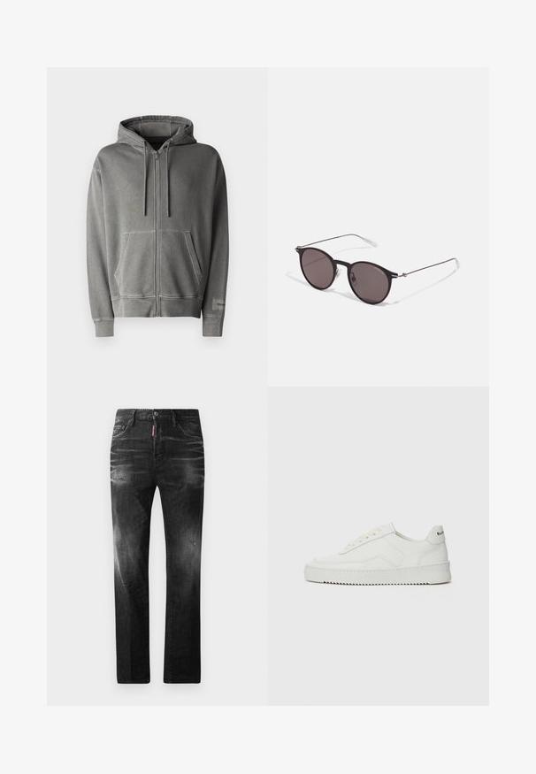 Zadig & Voltaire SACHA STUDIO - Džemperis su gobtuvu - medium grey; Juodi džinsai su tiesiu kirpimu. Spalvoti svyrantys plotai, šiek tiek sugadinti, klasikinis penkių kišenių dizainas ir mygtuko uždarymas.; Balti odiniai sportiniai bateliai su lygia apdaila, apvaliu pirštu, plokščiais raišteliais ir tekstūruotu padu. Pasižymi subtiliu logotipu ant kulno.; Juodos apvalios saulės akinių su tamsiais lęšiais ir plonomis metalinėmis šakomis. Įtraukti skaidrūs šventyklų galai ir sidabriniai akcentai vyrio srityje. Minimalistinis dizainas.