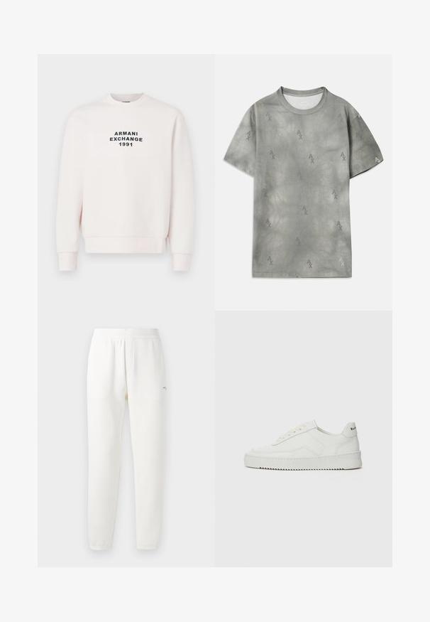 Rózsaszín pulóver kerek nyakkivágással, hosszú ujjakkal és bordás mandzsettákkal. A mellen középen, fekete betűkkel szerepel az "ARMANI EXCHANGE 1991" felirat.; Szürke pamut póló, diszkrét AX logó mintával, kerek nyakkal, rövid ujjakkal és laza szabással. Simaszerkezet, enyhén kopott stílussal.; Fehér, puha szövetből készült melegítőnadrág, elasztikus derékrésszel, szűkülő lábakkal és egy kis logóval a bal oldalon.; Fehér bőr sportcipő sima felülettel, kerek orral, lapos fűzőkkel és texturált talppal. Finom logó található a sarokon.