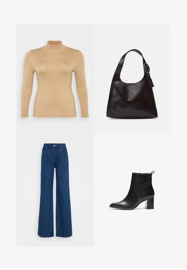 Šviesiai rudas golfas su ilgomis rankovėmis, raibotu paviršiumi, prigludusia forma ir aukštu apykakle. Glotnus audinys be matomų papuošimų.; Mėlynos plačios džinsinio audinio kelnės su aukšta juosmens linija, priekyje mygtukas ir užtrauktukas, bei priekinės ir užpakalinės kišenės prieš paprastą foną.; Juodos odinės aulinės botai su apvalia nosimi, vidutinio aukščio blokuotais kulnais ir kilpeliu gale. Lygi tekstūra, minimalistinis dizainas.; Ruda odinė petinė kuprinė su lygiu paviršiumi, apvalia forma, plačia juosta ir apvaliu metaliniu akcentu ant rankenos.