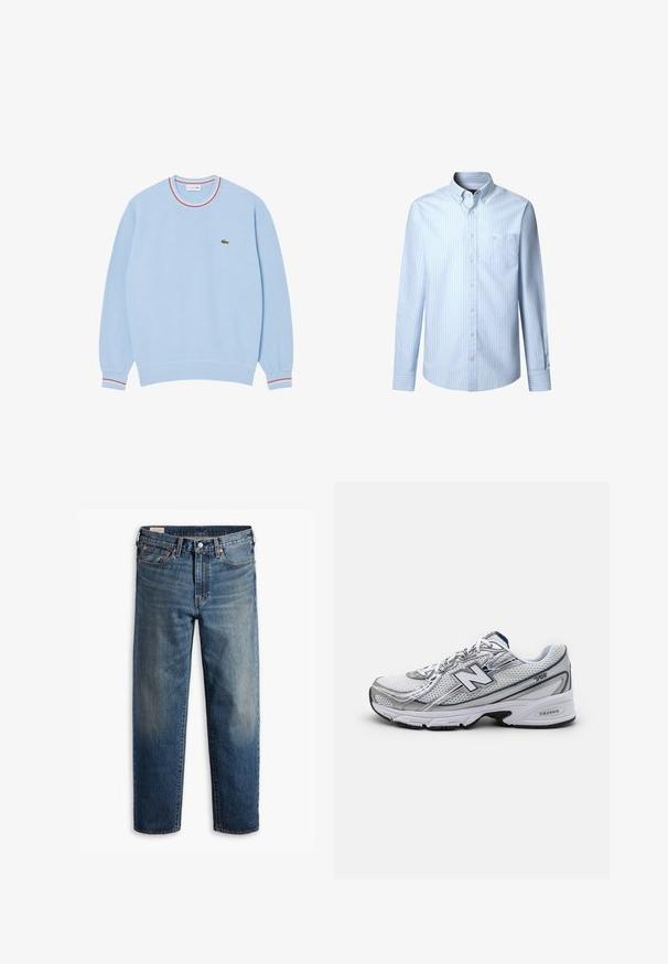 Lichtblauwe sweatshirt met een ronde hals, ribgebreide mouwen en een meerkleurige gestreepte kraag. Bevat een klein groen logo op de borst.; Lichtblauwe overhemd met lange mouwen, dunne witte strepen, button-down kraag, voorzak en knoopsluiting. Glad katoenmateriaal.; Donkerblauwe spijkerbroek van denim met een losse pasvorm, rechte pijpen, vijf steekzakken en subtiele vervaging op de dijen. Zilveren knoop en klinknagels.; New Balance sportieve schoen met een bovenwerk van mesh, voornamelijk wit met grijze en marineblauwe accenten, voorzien van een gevoerde zool en textuurdetails.