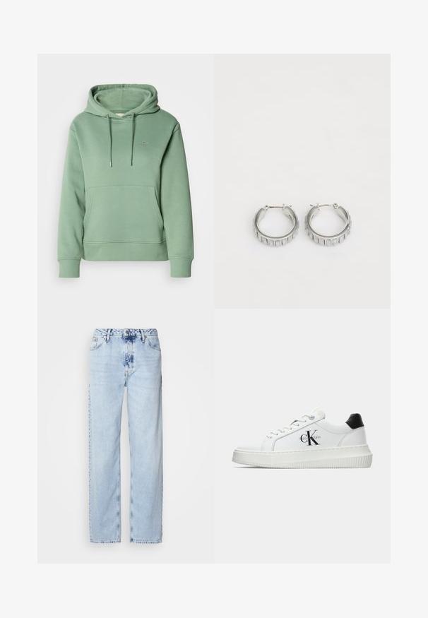 Hoodie en coton vert avec une poche avant, une capuche à cordon et des poignets côtelés. Présente un petit logo brodé sur la poitrine.; Jeans large bleus clairs en denim, avec une taille haute, un lavage décoloré et un motif tie-dye subtil à l'avant.; Baskets basses blanches avec un tab de talon noir, semelle plateforme, lacets et logo "CK" de Calvin Klein sur le côté.; Boucles d'oreilles en argent en forme de créole avec un design texturé comportant des rayures verticales. Forme circulaire avec un fermoir à attache sécurisée. Fini lisse.