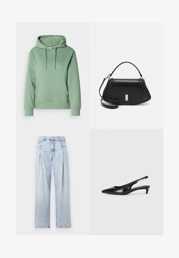 Grüne Baumwollkapuzenjacke mit Fronttasche, Kordelzugkapuze und gerippten Bündchen. Besitzt ein kleines gesticktes Logo auf der Brust.; Helle blaue Denim-Jeans mit hoher Taille, weitem Beinschnitt, zwei seitlichen Taschen und gefaltetem Design. Weiche Textur mit einem ausgebleichten Finish.; Schwarze Leder-Slingback-Pumps mit spitzem Schuhblatt, ausgestattet mit einem schlanken Absatz und einem goldfarbigen Akzent am verstellbaren Riemen. Glatte Textur.; Schwarze Lederhandtasche mit einem strukturierten Design, das eine verkürzte Form, einen oberen Griff und goldfarbene Hardware-Details aufweist. Verstellbarer Schulterriemen ist enthalten.