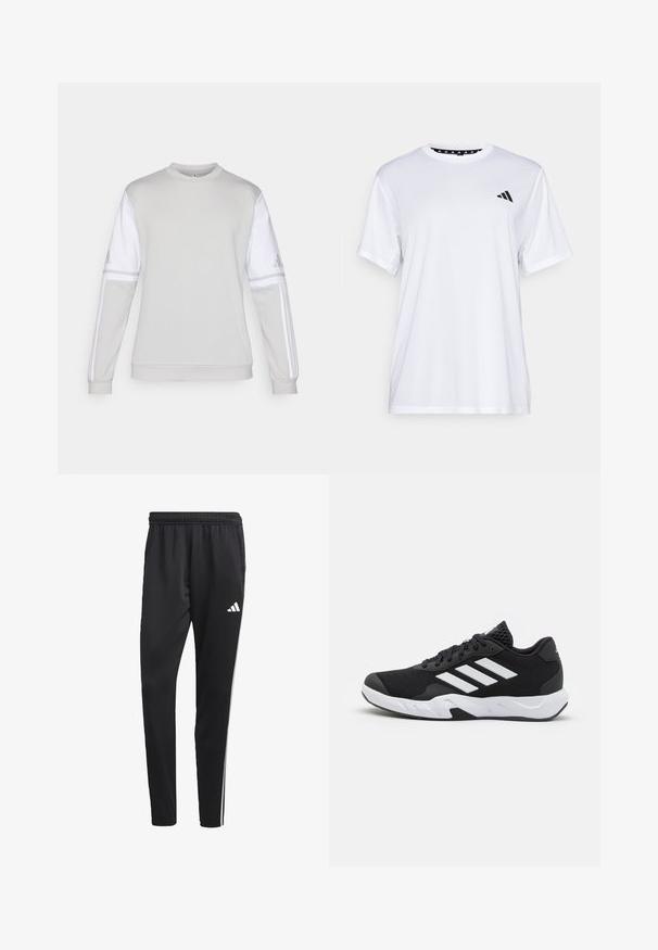 Svetlo šedý mikina s bielymi rukávmi. Má rebrované manžety a okrúhly výstrih. Tri biele pruhy na každom rukáve a logo na ľavom rukáve.; Biely športový tričko s krátkymi rukávmi, vyrobené z materiálu, ktorý odvádza vlhkosť. Má čierne logo na ľavej hrudi a vzorovaný vnútorný golier.; Čierne športové nohavice s elastickým pásom, bielymi bočnými pruhmi a malým bielym logom na stehne. Vyrobené z hladkého, ľahkého materiálu.; Čierne športové topánky s textúrovaným sieťovinovým zvrškom, bielymi akcentovými pruhmi, polstrovanou podrážkou a spevneným pätou pre podporu.