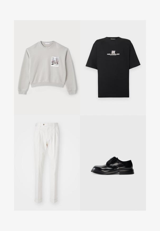 Sweatshirt court gris clair en matière douce, avec une poche avant ornée d'une impression photo. Poignets et ourlet côtelés.; T-shirt en coton noir avec un col rond et des manches courtes. Présente un logo imprimé blanc avec l'inscription "HOLZWEILER WINTERSPORT" à l'avant.; Pantalons blancs sur mesure avec un devant plat, deux plis et des ourlets roulés. Fabriqués dans un tissu lisse avec une fermeture à bouton à la taille.; Chaussure habillée en cuir noir avec un bout rond, finition lisse, design lacé et talon empilé. Style minimaliste sans logos visibles.