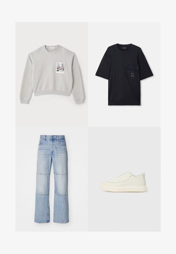 Lys grå cropped sweatshirt lavet af blødt materiale, med en forlommemed et fotoprint. Ribbet manchetter og kant.; Sort kortærmet T-shirt med rund hals, der har en klaplomme på venstre bryst, og som prydes af et lille rektangulært logo-patch.; Lysblå denimbukser med bred benåbning, der har kontrasterende paneler og synlige syninger. Høj talje med knaplukning.; Slip-on sneaker i off-white tekstureret materiale med en tyk, rillet sål. Har minimale sømme og et subtilt lysblåt accent.