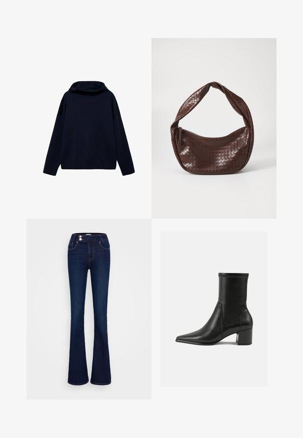 Marinblå tröja med hög krage, vida ärmar och avslappnad passform. Mjuk textur och minimalistisk design utan synliga mönster eller metall detaljer.; Mörkblå klädd jeans med flare som har hög midja, två framfickor och två knappstängningar. Tillverkade av denim med en slät yta.; Svart ankelboot i slät läder, med en spetsig tå, en blockklack och distinkt upphöjd söm längs den övre kanten.; Brun vävd läderhandväska med ett böjt, knutet handtag och en dragkedjestängning. Slät textur och rundad form.; Guldtonad metallarmband med en slät, glänsande yta. Den böjda designen har öppna ändar med en sömlös, minimalistisk form.