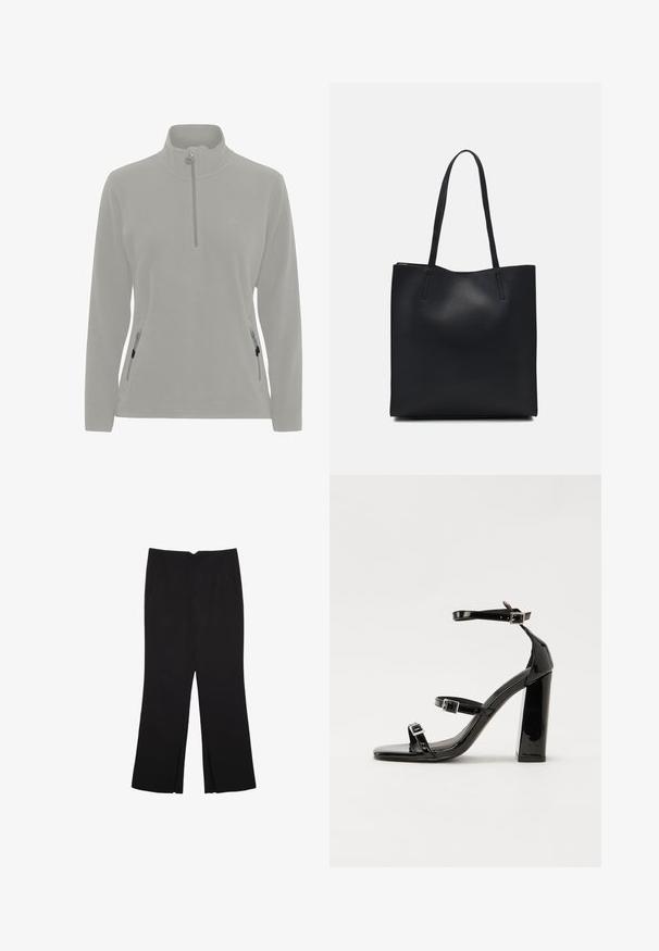 Pullover in pile grigio chiaro con collo alto, chiusura a mezza zip, tasche laterali con zip e una texture liscia. Logo semplice sul petto.; Pantaloni neri a gamba dritta, con tasche frontali e spacchi laterali all'orlo. Realizzati in tessuto morbido e liscio. Adatti a diverse occasioni.; Sandali con tacco in vernice nera, con punta squadrata, cinturini alla caviglia e fibbie in argento. Presentano un tacco a blocco spesso per maggiore stabilità.; Borsa tote in pelle nera con texture liscia, forma rettangolare e due manici lunghi. Nessun hardware o decorazione visibile.
