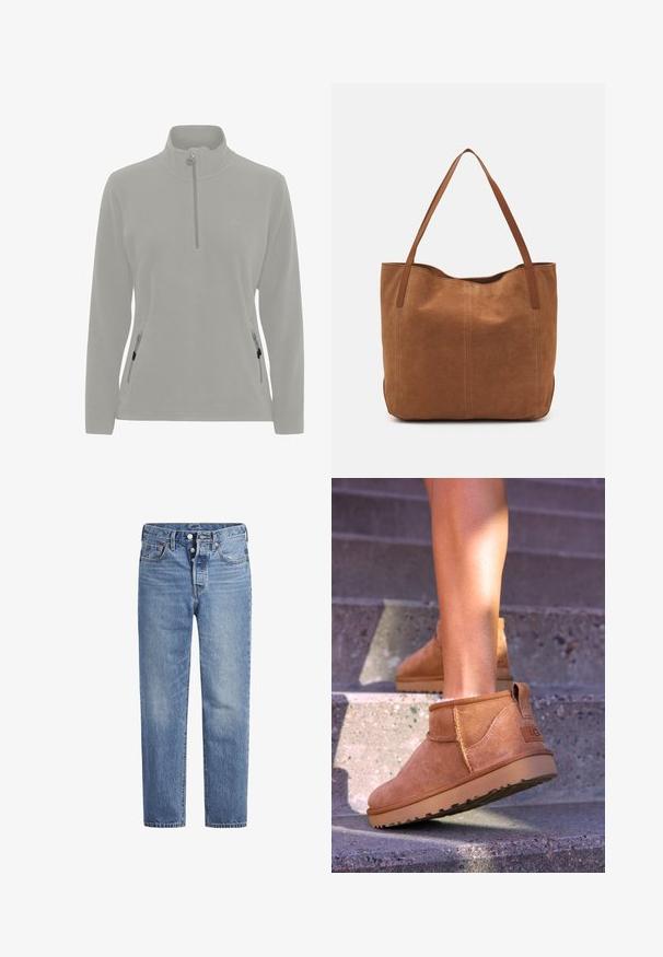 Pullover in pile grigio chiaro con collo alto, chiusura a mezza zip, tasche laterali con zip e una texture liscia. Logo semplice sul petto.; Jeans in denim blu chiaro con taglio dritto, design a cinque tasche e chiusura con bottone. Presentano una leggera sbiaditura e dettagli in cucitura arancione.; Stivali alla caviglia in suede beige con una consistenza morbida, dettagli cuciti e suola in gomma, dotati di un tacco ad anello per una facile vestibilità.; Borsa a spalla in suede marrone con due manici lunghi, caratterizzata da una texture liscia, design semplice e senza hardware o dettagli visibili.