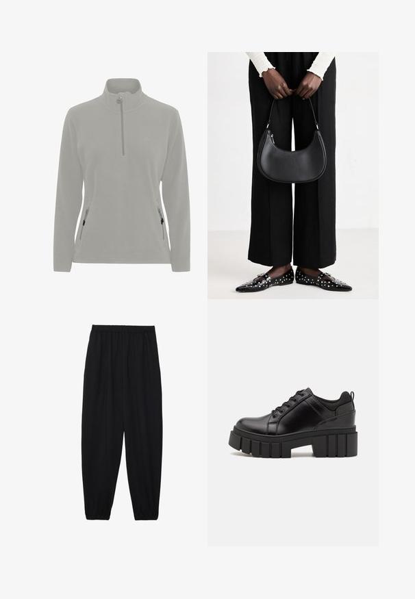 Light gray fleece pullover with a high neck, half-zip closure, side pockets with zippers, and a smooth texture. Simple logo on chest.; Black, lightweight pants with an elastic waistband and gathered ankles. The fabric is smooth and features a relaxed, tapered design.; Black leather platform shoes with a chunky block heel, round toe, and traditional lace-up design. Features smooth texture and minimal detailing.; Black leather shoulder bag with a rounded shape, glossy finish, and silver hardware. Person wearing black wide-leg pants and studded loafers.