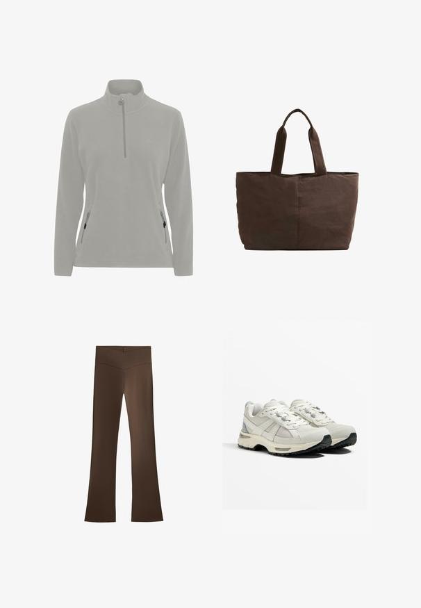 Világosszürke bolyhos pulóver magas nyakkal, félig cipzáros záródással, oldalsó cipzáros zsebekkel és sima textúrával. Egyszerű logó a mellkason.; Barna, harangszoknyás nadrág magas derékkal, keresztmintázattal. Kellemes tapintású, rugalmas anyagból készült a kényelem és illeszkedés érdekében.; Könnyű futócipők bézs és szürke színben. Háló felsőrész, gumi talp, erősített fűzőlyukakkal ellátott fűzők, és texturált sarokdísz.; Barna textil bevásárlótáska, két strapabíró füllel, téglalap alakú, minimális varrási részletekkel és sima felülettel.