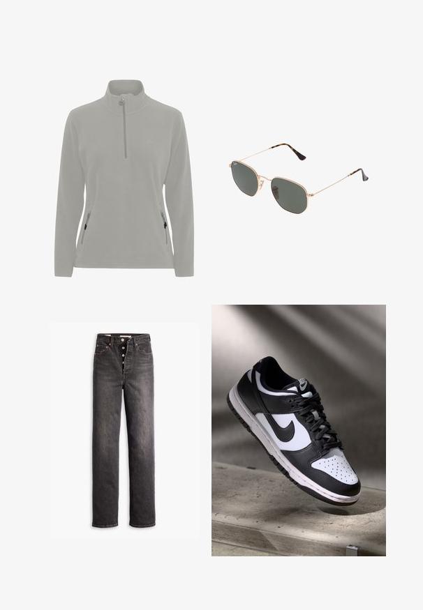 Svetlo sivi flis pulover z visokim ovratnikom, polovičnim zadrgo, stranskimi žepe na zadrgo in gladko teksturo. Preprost logo na prsih.; Črne skinny jeans visoke pasove z ravnim krojem, izdelane iz denima. Imajo gumb zapenjanje, bakrene dodatke in kontrastne šive.; Črno-bel Nike Dunk Low čevelj z usnjenim zgornjim delom, perforiranim prstnim delom in črnimi vezalkami, z belim podplatom in logotipnimi detajli.; Sončna očala z zlatim kovinskim okvirjem in temno zelenimi lečami, aviatorskega sloga, z vitekimi ročaji in želvovim vzorcem na konicah.; Črna torba za čez ramo z geometrijskim vzorcem, izdelana iz strukturiranega materiala. Ima trdne ročaje in oznako, oblikovana je v strukturirano obliko.