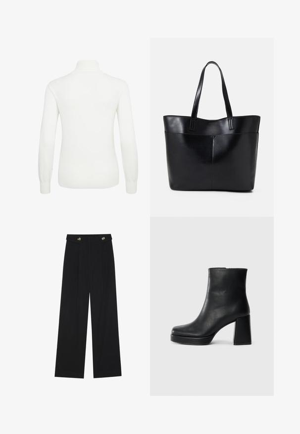 Witte, lange mouwen trui met hoge kraag. Zachte gebreide stof, aansluitend ontwerp en ribbels aan de mouwen en onderkant voor textuur en vorm.; Zwarte wijde broek met hoge taille, knoopdetails op de tailleband en plooien aan de voorkant.; Zwarte leren enkelboot met een blokhak en platformzool, zijaanzicht op een effen witte achtergrond.; Zwarte leren tote bag met twee lange handvatten, een zachte textuur en een gestructureerde vorm. Voorzien van een voorvak voor extra opslagruimte.