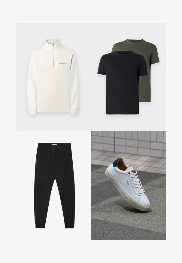 Lys kremfarget sweatshirt med halv-zip krage, med brodert tekst på brystet. Enkel, ren design mot en ensfarget bakgrunn.; To t-skjorter med rund hals i svart og olivengrønn, laget av myk bomullstoff. Designet er enkelt med korte ermer og rett snitt.; Sorte treningsbukser laget av teksturert stoff, med justerbart liv, glidelåslomme på siden og avsmalnende mansjetter.; Hvit lærsneaker med marineblå hæl, rund tå og kontrasterende brune detaljer. Har flate lisser og teksturert gummisåle.