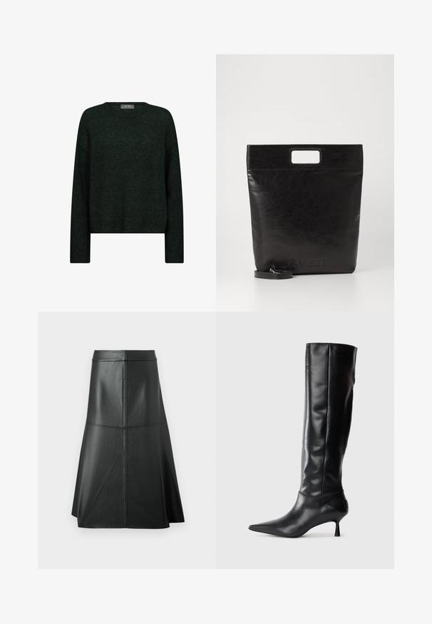 Tumši zaļš džemperis ar apaļu kakla izgriezumu, garām piedurknēm un brīvā piegriezumā. Izgatavots no struktūrētas auduma, ar smalkiem tonāliem rakstiem.; Melnas ādas A-veida svārki, gluda tekstūra, vidus teļa garumā, ar horizontālām stūmēm jostā un vīlēs, lai piešķirtu papildus struktūru.; Melnas ādas ceļgala augstuma zābaki ar norādītu purngalu un plānu izliekumu papēdi. Gluda tekstūra, pieguļošs dizains un bez redzamām detaļām vai rakstiem.; Melna ādas tote soma ar kvadrātveida rokturi, ar teksturētu apdari un iespiestu logo. Ietver noņemamu siksnu.