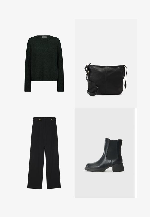 Sötétzöld pulóver kerek nyakkal, hosszú ujjal és laza fazonnal. Texturált anyagból készült, finom tónusos mintákkal.; Fekete, bő szárú nadrág magas derékkal, gombos részletekkel a derékrészen és elülső pliszékkal.; Fekete bőr bokacsizma elasztikus oldalsó panelekkel, lekerekített orral és alacsony blokk sarkú kialakítással. A felület sima textúrájú és minimális díszítéssel rendelkezik.; Fekete bőr keresztpántos táska lapos formával, arany fémrészekkel és állítható pánttal. Simább textúra minimális varrási részletekkel.
