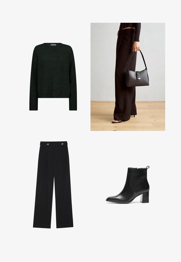 Tummanvihreä neulepaita, jossa on pyöreä kaula-aukko, pitkät hihat ja rento istuvuus. Valmistettu teksturoidusta kankaasta, joka sisältää hienovaraisia sävykuvioita.; Mustat leveälahkeiset housut, joissa on korkea vyötärö, napit vyötärönauhassa ja etupuolella laskokset.; Musta nahkainen nilkkuri, jossa on pyöreä kärki, keskikorkea paksu korko ja vetoketju takana. Sujuva pinta, minimalistinen muotoilu.; Musta käsilaukku, jossa on rakenteellinen muoto, sileä pinta ja metallinen solki. Yhdistetty leveisiin mustiin housuihin ja avonaiheisiin sandaaleihin puulattialla.