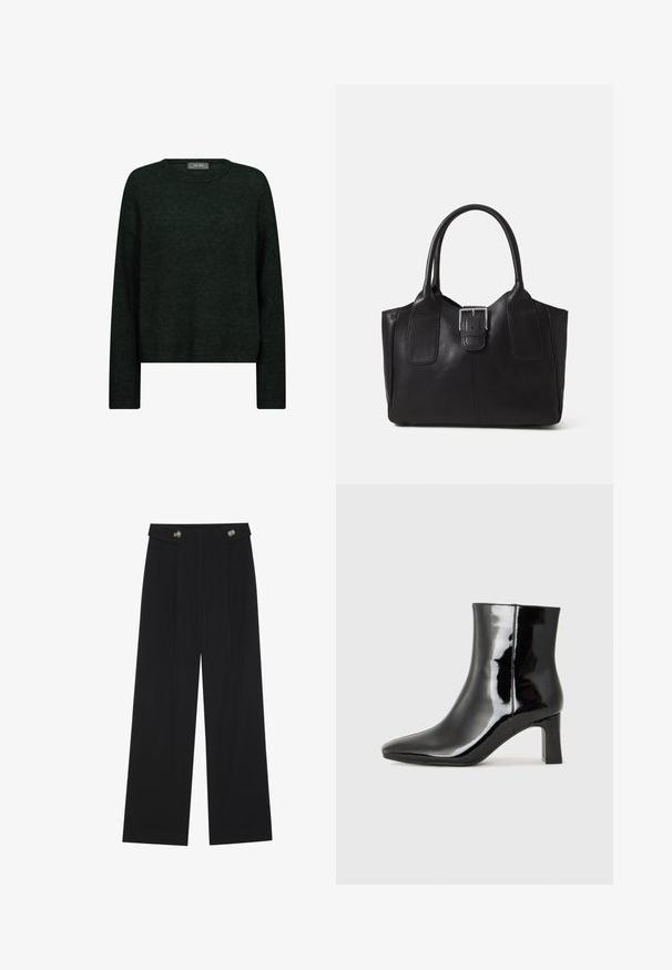 Sötétzöld pulóver kerek nyakkal, hosszú ujjal és laza fazonnal. Texturált anyagból készült, finom tónusos mintákkal.; Fekete, bő szárú nadrág magas derékkal, gombos részletekkel a derékrészen és elülső pliszékkal.; Fekete lakk bőrcipő bokáig érő, hegyes orral és közepes magasságú tömbsarokkal. Simább textúrával és minimalista dizájnnal rendelkezik.; Fekete bőr bevásárlótáska sima textúrával, strukturált formával, két fogantyúval és egy figyelemfelkeltő ezüst csattal az elején.