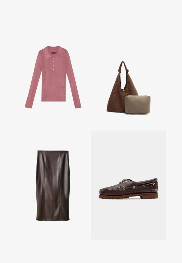 Różowa, prążkowana, długosleeve polo z kołnierzykiem, pięcioprzyciskowym zapięciem i miękką teksturą. Prosty design bez dodatkowych wzorów.; Brąskowy skórzany ołówkowy spódniczka o gładkiej fakturze, sięgająca do kolan, z pionowymi szwami w celu podkreślenia designu. Brak dodatkowych elementów lub akcentów.; Brązowe skórzane buty w stylu boat shoe z złotymi oczkami, okrągłymi sznurowadłami oraz teksturowaną brązową gumową podeszwą. Zawierają przeszycia i wypukłe logo.; Brązowa zamszowa torebka na ramię z węzłowym paskiem, z małą beżową saszetką na zamek. Torba ma miękką fakturę i prosty design.