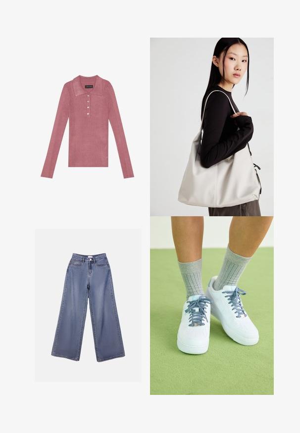 Tricou polo cu mânecă lungă și dungi în nuanța roz prăfuit, cu guler, plasă cu cinci nasturi și o textură moale. Design simplu, fără modele suplimentare.; Jeans din denim cu picioare largi într-o nuanță de albastru deschis, având talie înaltă, buzunare frontale și închidere cu nasture și bucle pentru curea.; Tenisi din piele albă cu accente bleu, design cu vârful perforat și șireturi texturate albastre și albe, purtați cu șosete gri cu dungi.; Geantă bej din material moale, cu un design lejer, detalii cusute și două bretele pentru umăr. Potrivită pentru utilizarea zilnică.