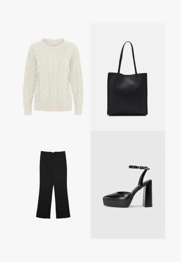 Hellgrauer Kabelstrickpullover mit Rundhalsausschnitt, strukturierten Mustern und gerippten Bündchen sowie Saum. Hergestellt aus weicher, dicker Wolle.; Schwarze Hose mit geradem Schnitt, ausgestattet mit Fronttaschen und Seitenschlitzen am Saum. Hergestellt aus weichem, glattem Stoff. Geeignet für verschiedene Anlässe.; Schwarze Plateau-High Heels mit spitzem Zeh und verstellbarem Knöchelriemen. Gefertigt aus glattem Leder und mit einem klobigen Blockabsatz.; Schwarze Laptoptasche aus Leder mit glatter Textur, rechteckiger Form und zwei langen Griffen. Keine sichtbaren Beschläge oder Verzierungen.