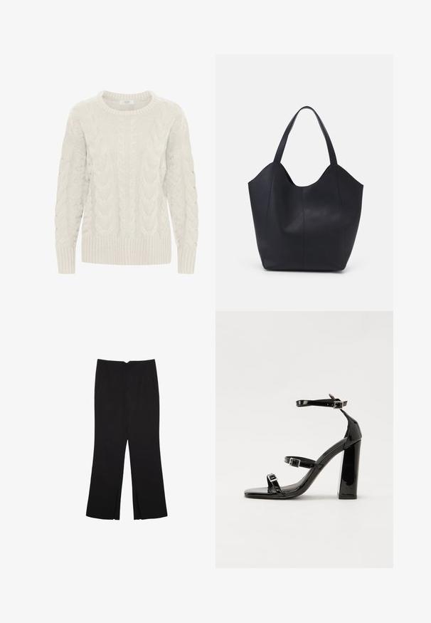 Svetlo sivi pulover s pletenjem v obliki kabla, okroglo ovratnikom, teksturiranimi vzorci ter rebrastimi manšeti in robom. Narejen iz mehke, grobe preje.; Črne hlače ravnega kroja z naglavnimi žepi in stranskimi razporki na robu. Narejene iz mehke, gladke tkanine. Primerne za različne priložnosti.; Črne lakirane sandale s peto, kvadratnim prstom, trakovi okrog gležnja in srebrnimi zaponkami. Opremljene so s stabilno Debelo peto.; Črna torba v obliki tote iz gladke usnjene površine, ki ima ukrivljen odprt vrh z dvema naramnicama in minimalističnim dizajnom.