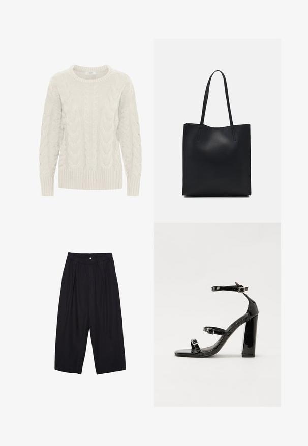 Maglione grigio chiaro a lavorazione cable-knit con collo rotondo, motivi testurizzati e polsini e orlo a coste. Realizzato in morbido filato spesso.; Pantaloni culotte neri in poliestere con una cintura elastica, due pieghe frontali e una silhouette ampia. Nessun motivo visibile o dettagli in metallo.; Sandali con tacco in vernice nera, con punta squadrata, cinturini alla caviglia e fibbie in argento. Presentano un tacco a blocco spesso per maggiore stabilità.; Borsa tote in pelle nera con texture liscia, forma rettangolare e due manici lunghi. Nessun hardware o decorazione visibile.