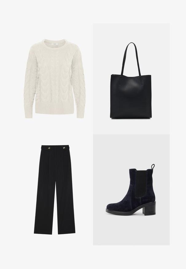 Világosszürke, cable-knit pulóver kerek nyakkal, texturált mintákkal, bordás mandzsettákkal és aljjal. Puha, vastag fonalból készült.; Fekete, bő szárú nadrág magas derékkal, gombos részletekkel a derékrészen és elülső pliszékkal.; Sötétkék velúr bokacsizma elasztikus oldalpanellel, kerek orral és tömbsarkal. A texturált szövet és a sima talp kontrasztot ad.; Fekete bőrtáska sima felszínnel, téglalap alakú, két hosszú füllel. Nincs látható fémkiegészítő vagy díszítés.