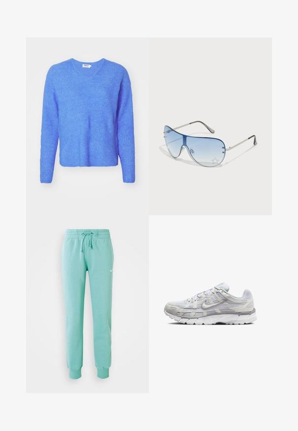 Sweater azul de malha canelada com decote em V, mangas longas e um corte descontraído. Feito de um material macio e texturizado. A etiqueta diz "ONLY."; Calças de moletão verde menta com uma cintura elástica, cordão e punhos canelados. Apresenta um pequeno logotipo branco da Nike na coxa esquerda.; Sapatos atléticos cinza claro com parte superior em malha e sintético, apresentando um fecho de cordões, colarinho acolchoado e sola texturizada para aderência.; Óculos de sol aviador com lentes azuis em degradê, armação metálica prateada e detalhes decorativos de estrelas nas lentes. Design suave e elegante.
